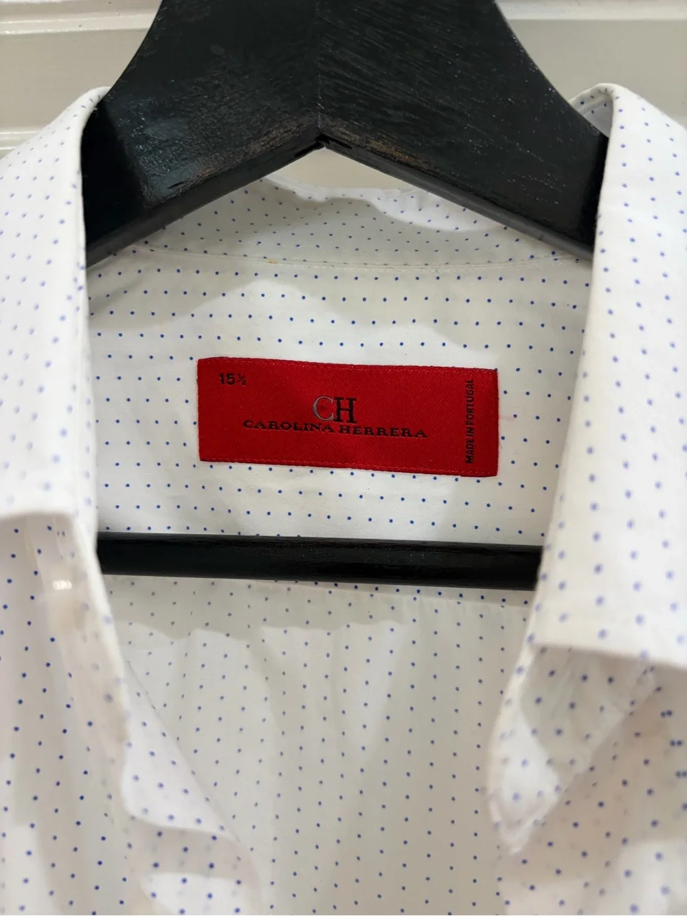 Carolina Herrera CH White Blue Micro Dot Dress Shirt Men’s 15.5 Luxury Button - Picture 3 of 7
